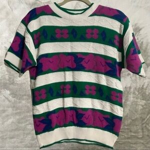 Vintage Cristin Stevens Floral Embroidered Cable Knit Short Sleeve Sweater Sz L